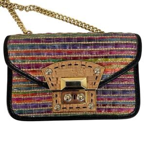 Henri Bendel Straw Crossbody Mini Handbag Purse Chain Cork Clutch Lock Latch